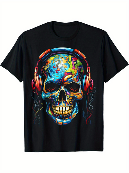 Men's Graphic T-Shirt Psychedelic Neon Swirls With Headphones Adorning A Painted Skull