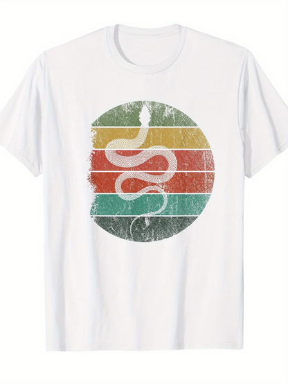 Men's Graphic T-Shirt Retro Distressed Circle With Colorful Stripes And White Serpent Snake