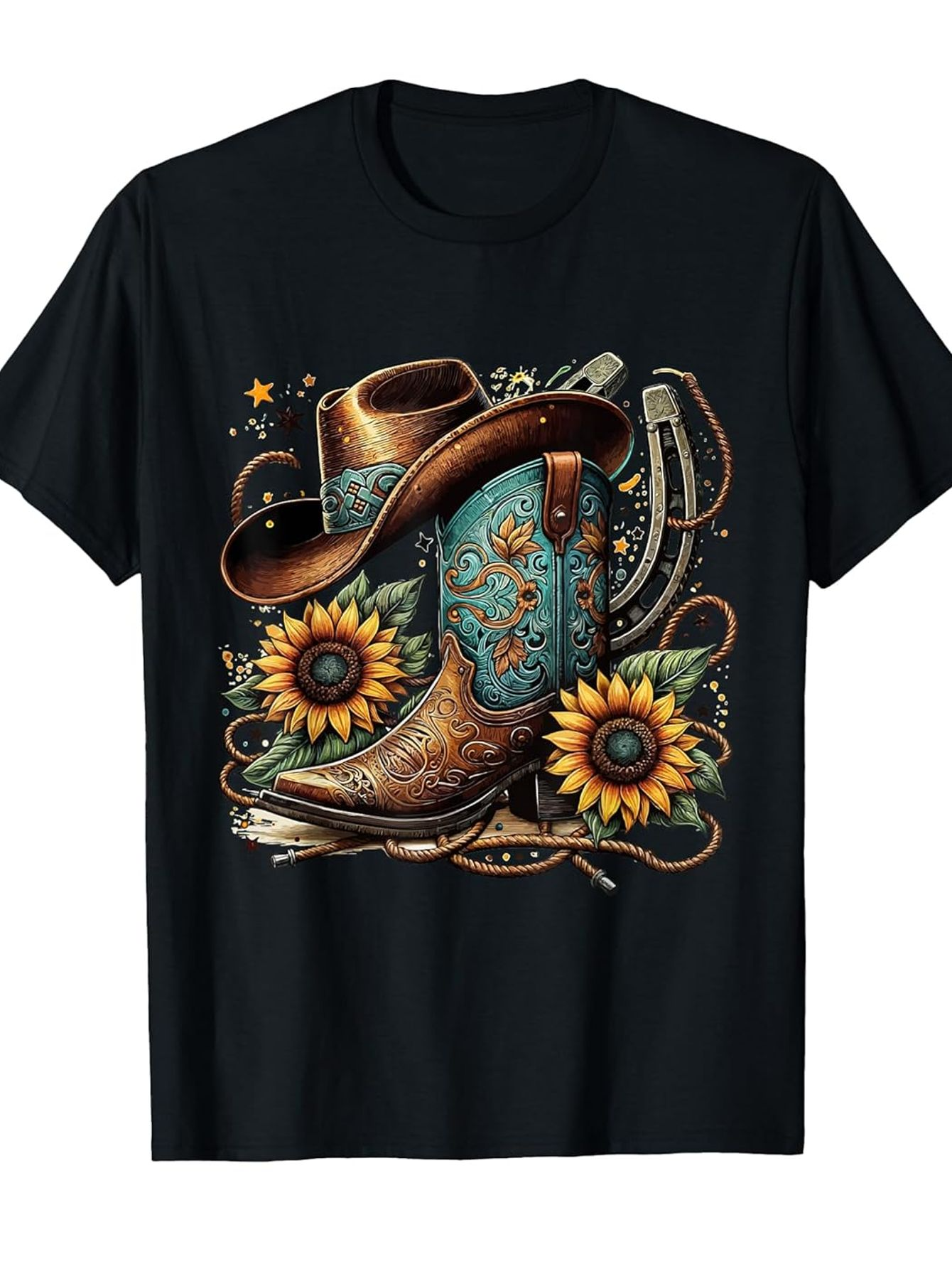 Men's Graphic T-Shirt Vibrant Sunflower Blooms With Embroidered Cowboy Boot And Western Hat
