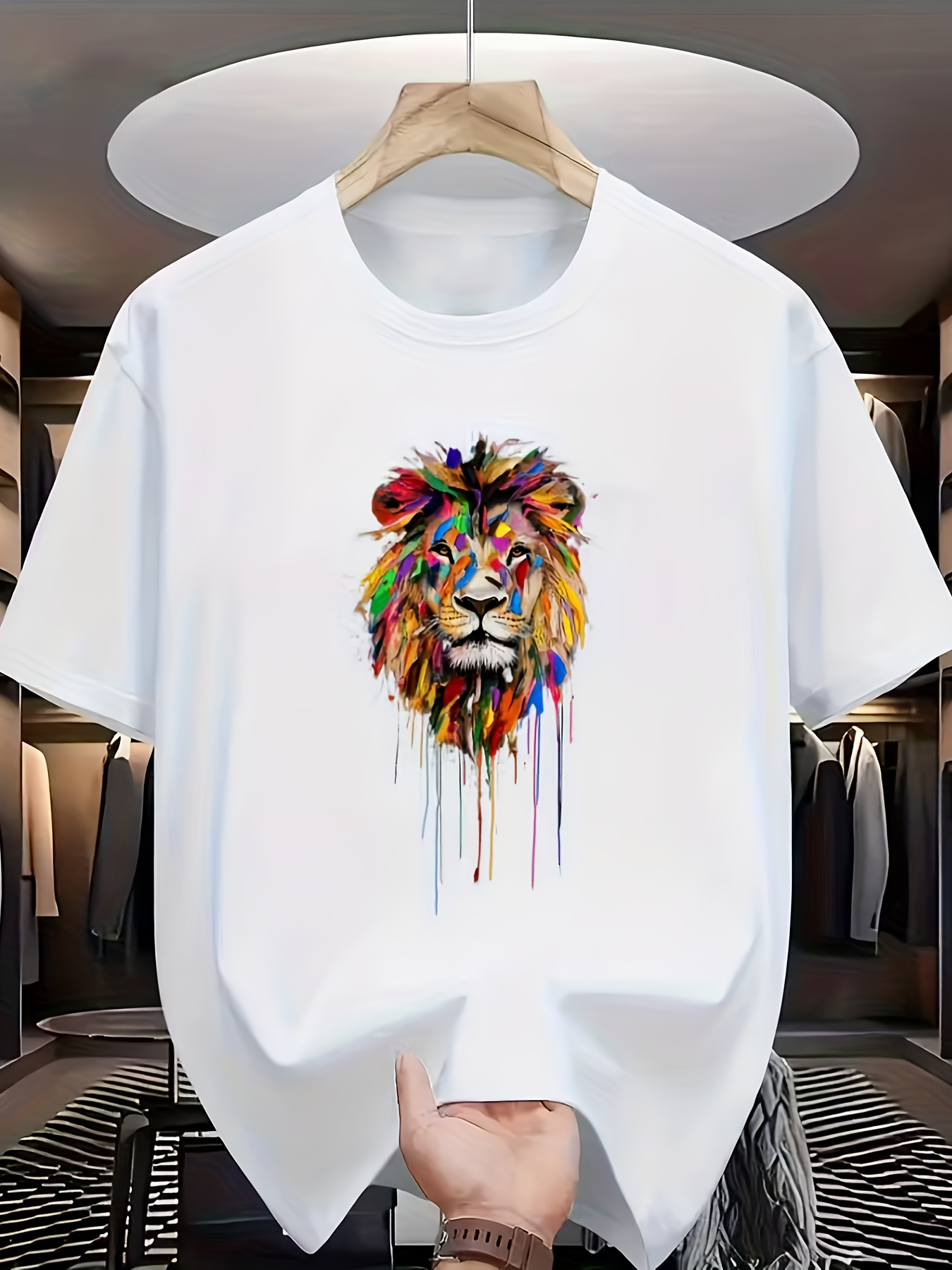 Men's Graphic T-Shirt Vivid Colorful Strokes Flowing Among Abstract Painted Lion
