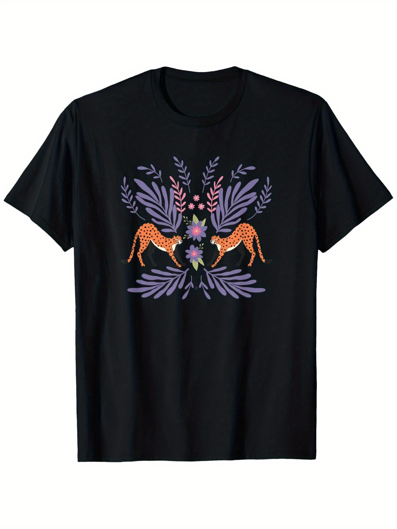 Men's Graphic T-Shirt Delicate Purple Leaves And Blossoms With Two Graceful Grazing Deer