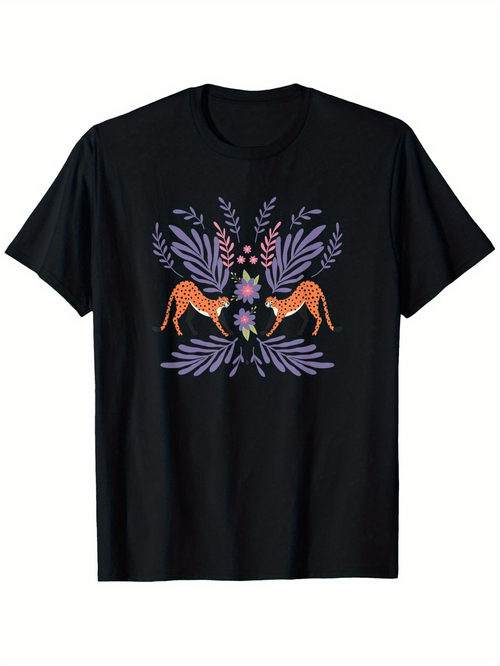 Men's Graphic T-Shirt Delicate Purple Leaves And Blossoms With Two Graceful Grazing Deer