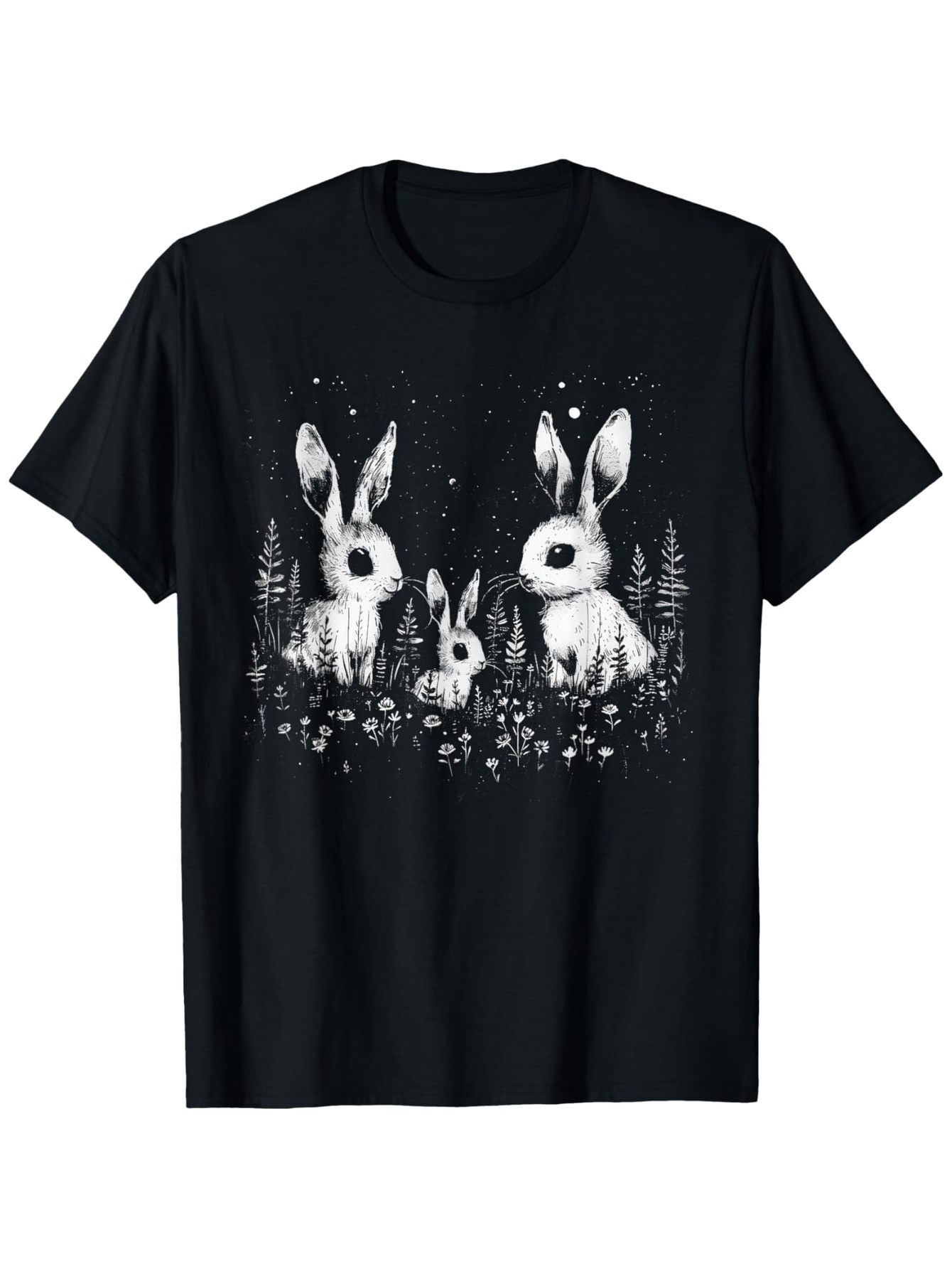 Men's Graphic T-Shirt Starry Night Scene With Wildflowers And Playful Rabbits Among Trees
