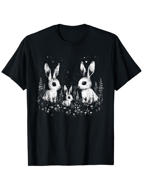 Men's Graphic T-Shirt Starry Night Scene With Wildflowers And Playful Rabbits Among Trees