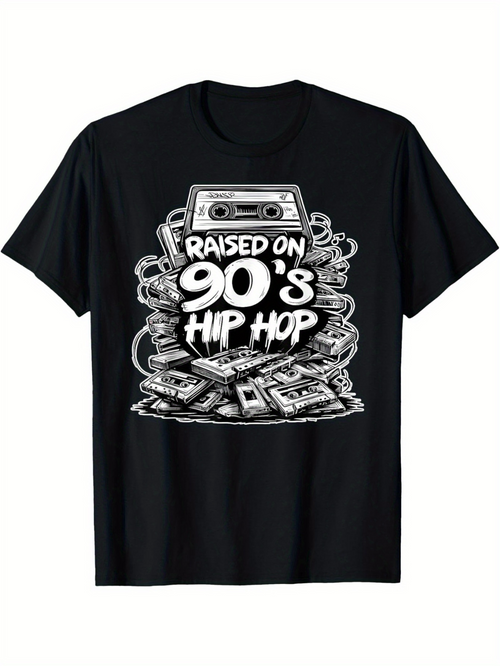 Men's Graphic T-Shirt Raised On Nineties Hip Hop Surrounded By Cassette Tapes And Bold Lettering Cassette Tape