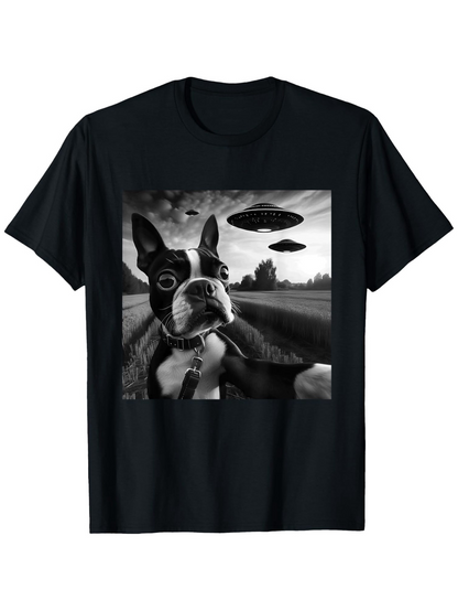 Men's Graphic T-Shirt Mysterious Fields Under Spaceships With A Surprised Boston Terrier Dog