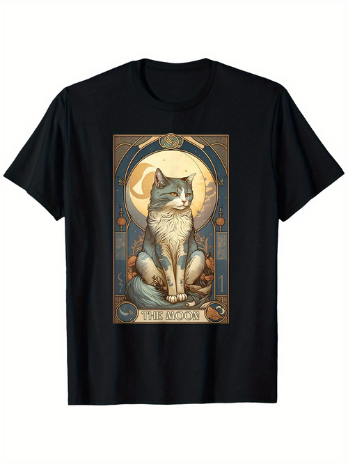Men's Graphic T-Shirt Mystical Golden Moonlit Garden Scene Featuring Cat