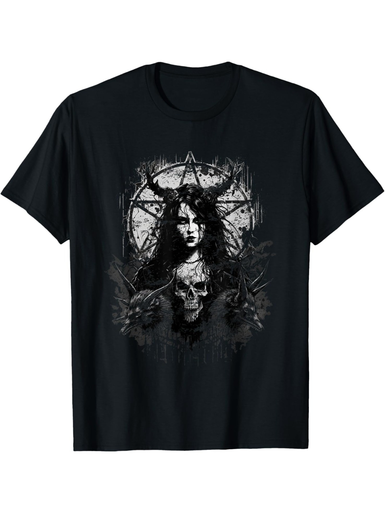 Men's Graphic T-Shirt Mystical Woman With Horns Among Skulls Dark Crows And Shadowy Pentagram