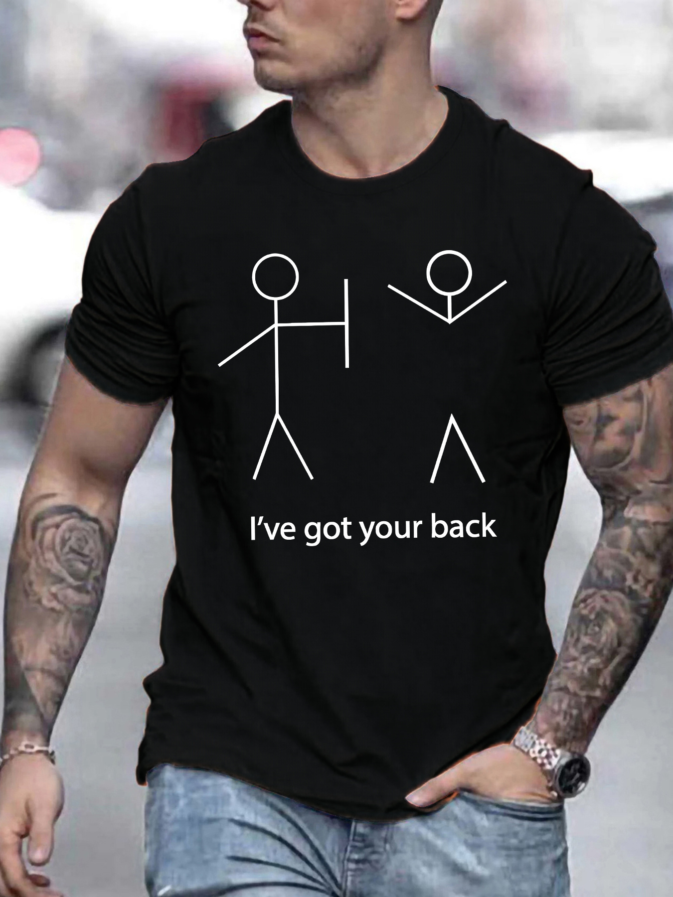 Men's Graphic T-Shirt Ive Got Your Back Stick Figures With Minimalist Line Drawings On Simple Shirt