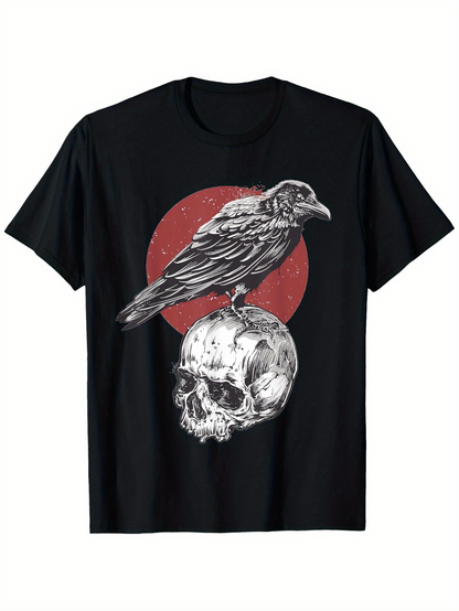Men's Graphic T-Shirt Vintage Blood Red Sun With Raven And Bleached Human Skull