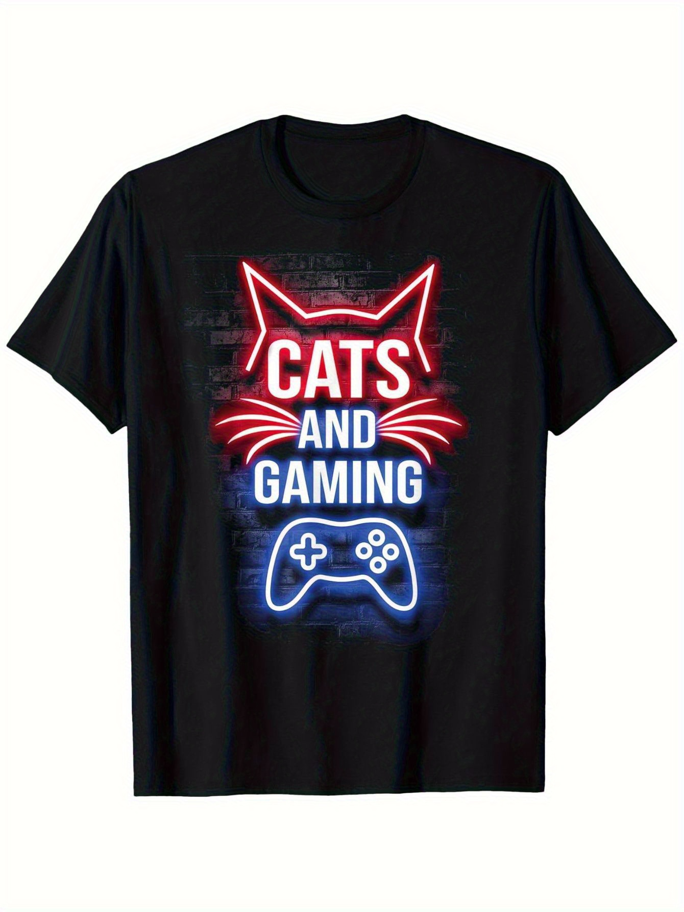 Men's Graphic T-Shirt Cats And Gaming Neon Lights With Cat Outline And Glowing Game Controller