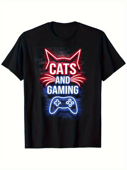 Men's Graphic T-Shirt Cats And Gaming Neon Lights With Cat Outline And Glowing Game Controller
