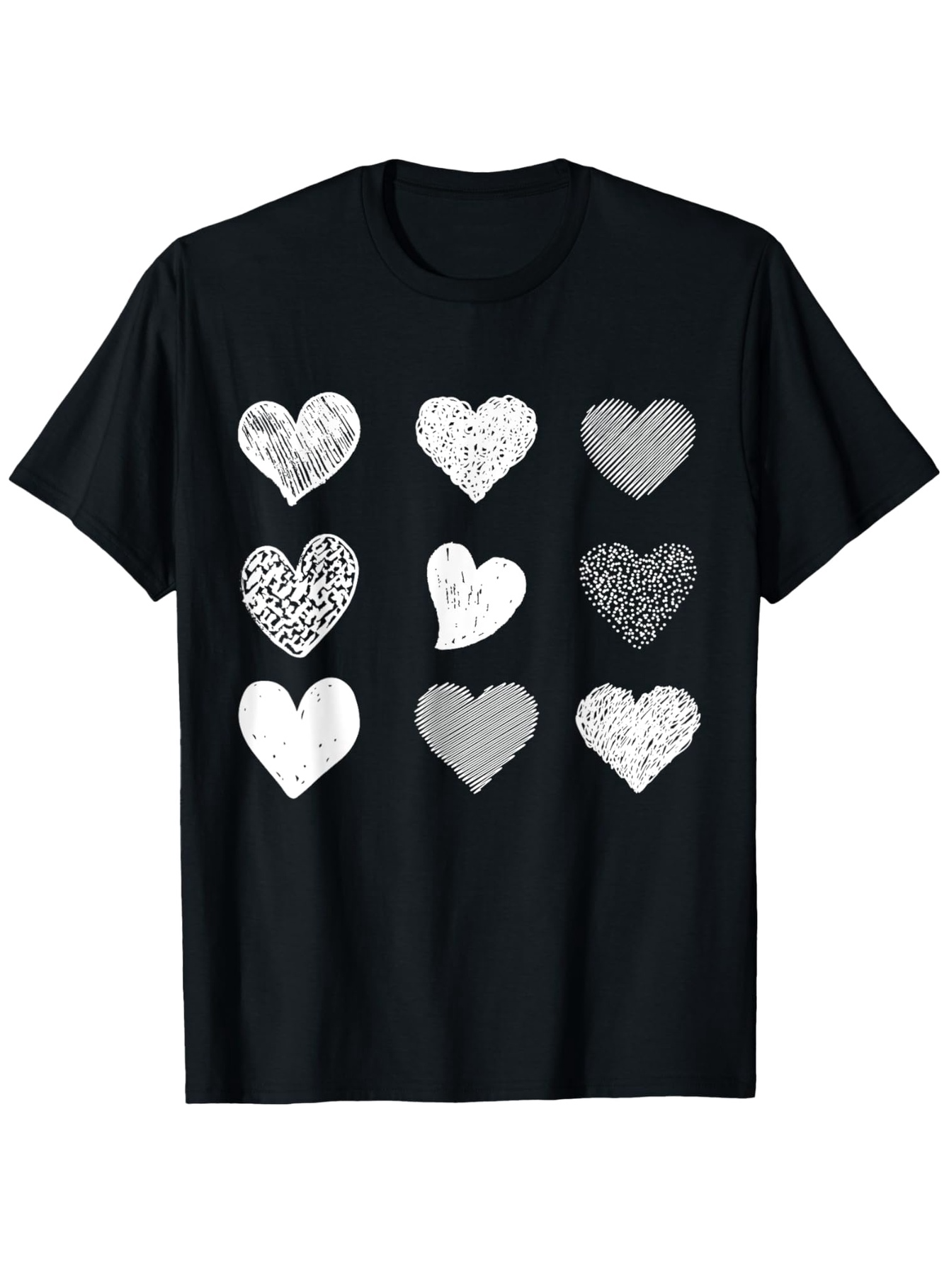 Men's Graphic T-Shirt Hand Drawn Patterned Hearts On Soft Black Fabric Heart