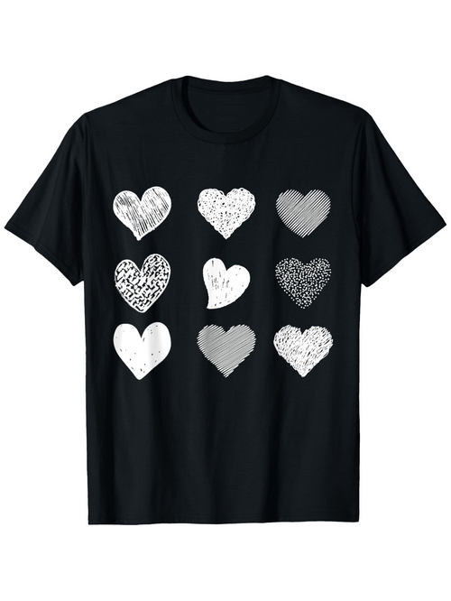Men's Graphic T-Shirt Hand Drawn Patterned Hearts On Soft Black Fabric Heart