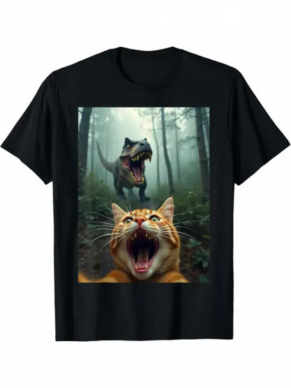 Men's Graphic T-Shirt Shocked Cat With Roaring Dinosaur In Misty Forest