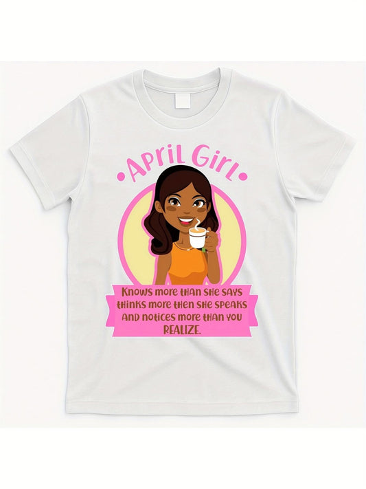 Women's Graphic T-Shirt April Girl With Smiling Girl Surrounded By Pink Badge Cartoon
