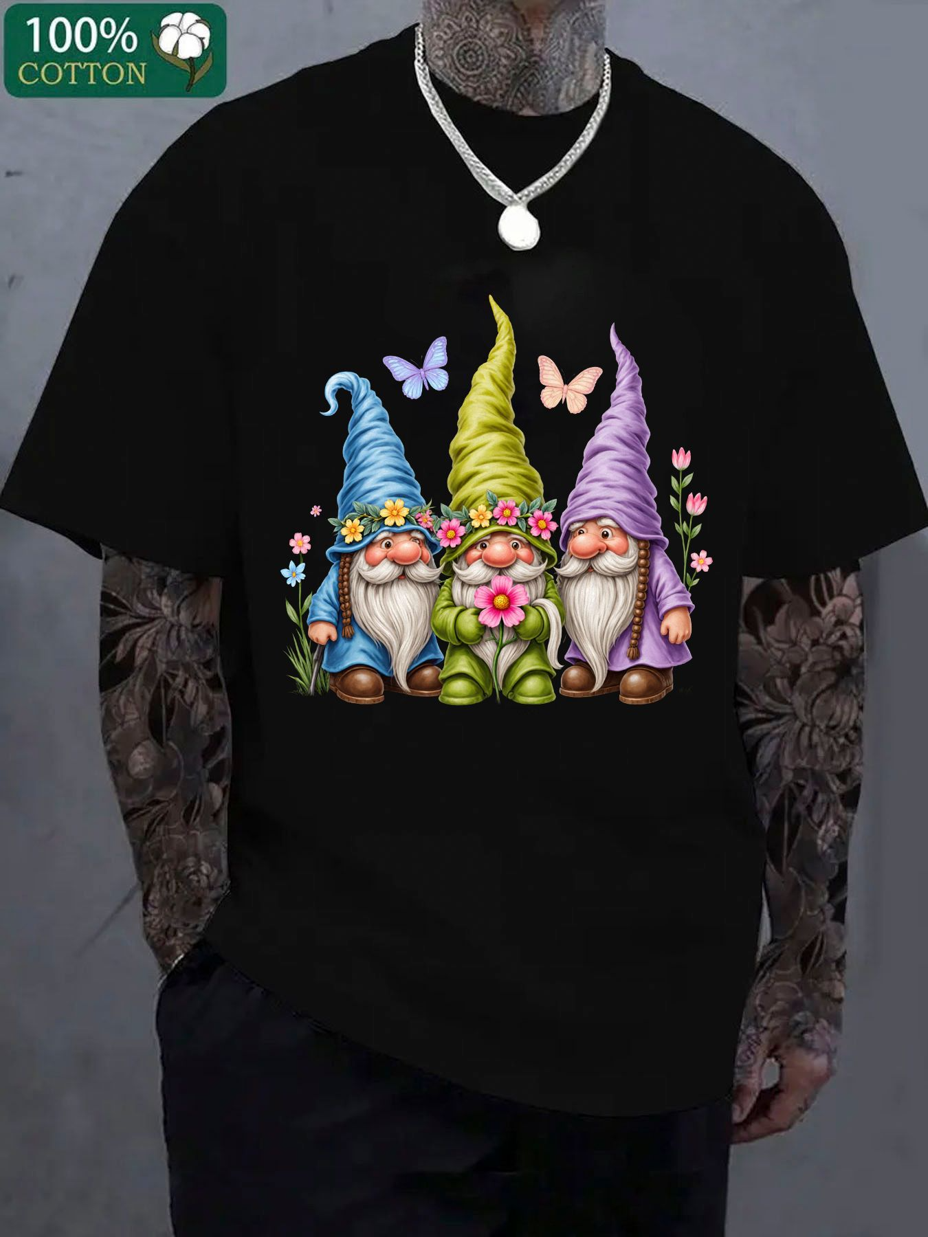 Men's Graphic T-Shirt Spring Butterflies With Colorful Flowers Surrounding Happy Whimsical Gnomes