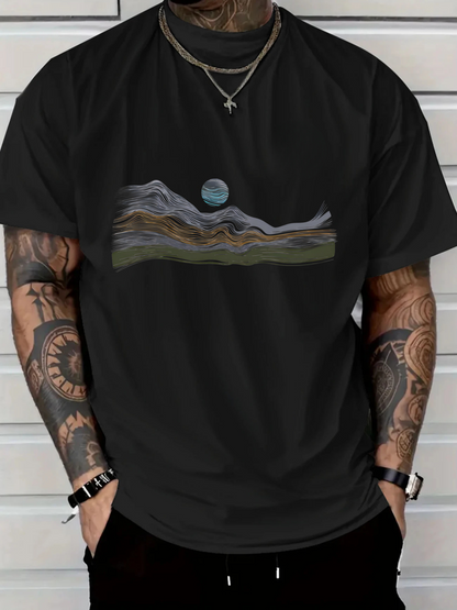 Men's Graphic T-Shirt Abstract Lines And Moonlight Over Misty Mountain Landscape