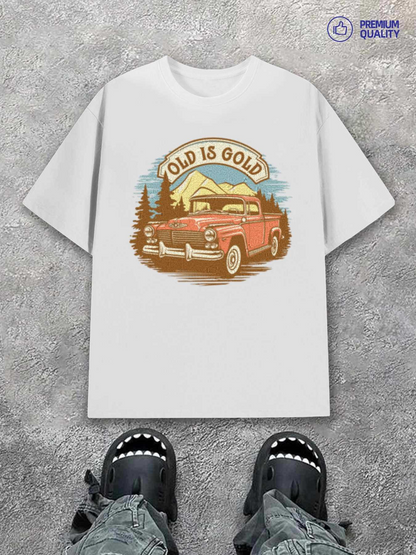 Men's Graphic T-Shirt Old Is Gold Classic Red Vintage Car Among Pine Trees
