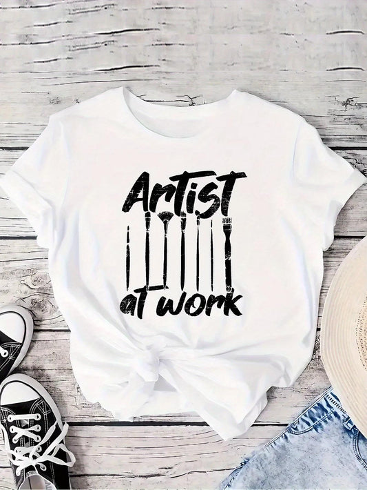 Women's Graphic T-Shirt Artist At Work With Paintbrushes Arranged Below Bold Typography