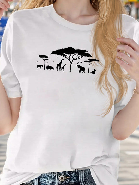 Women's Graphic T-Shirt Silhouetted Wildlife Among Acacia Trees On African Grassland Safari Scene