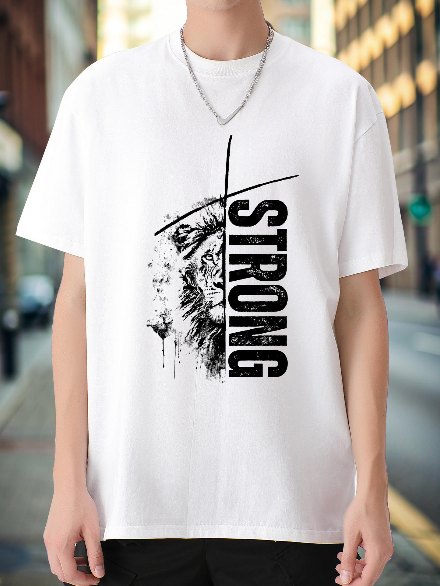 Men's Graphic T-Shirt Strong Dramatic Monochrome Ink Drawing With Roaring Lion Face