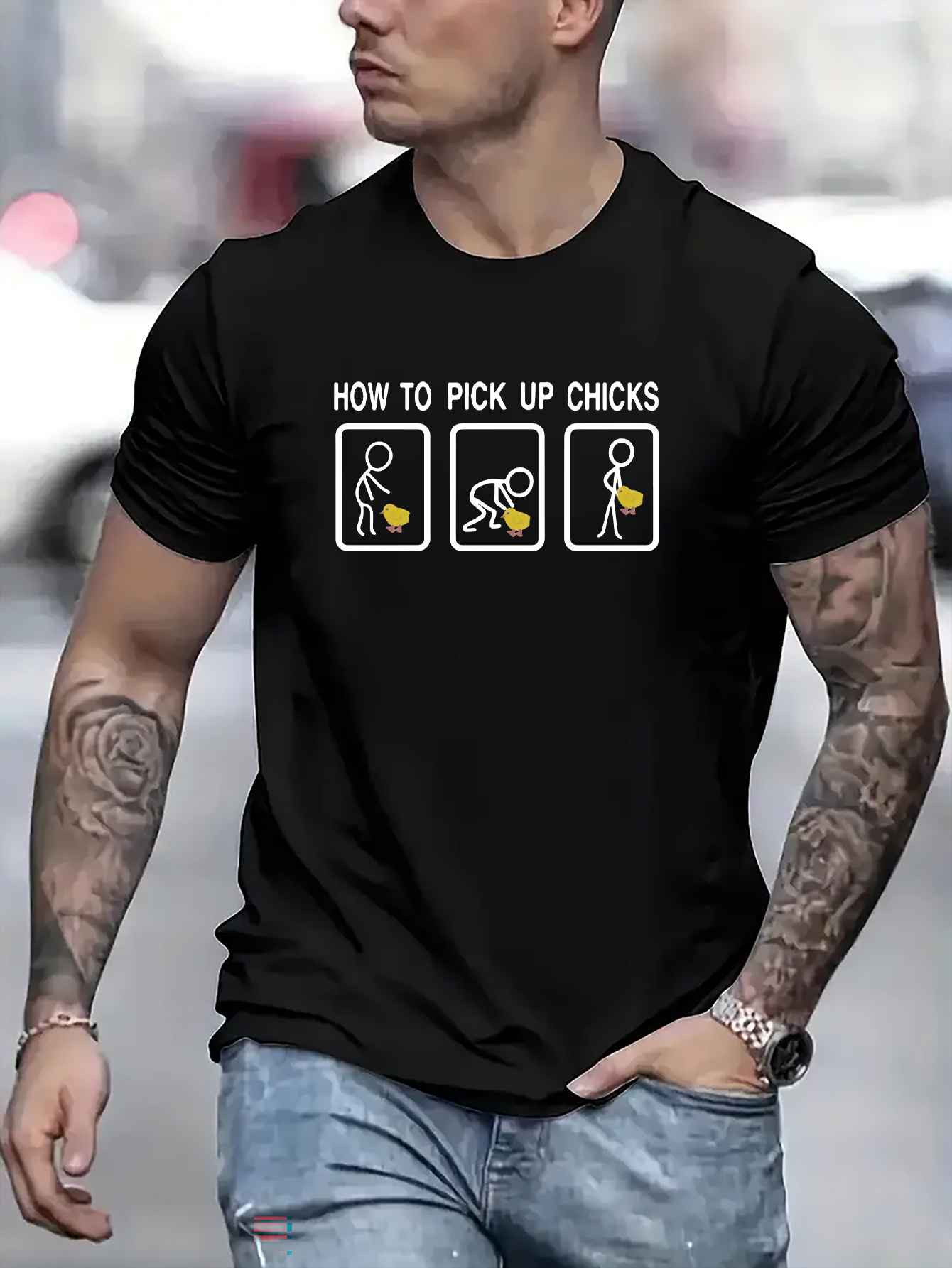 Men's Graphic T-Shirt How To Pick Up Chicks Simple Stick Figures And Cartoon Chicken