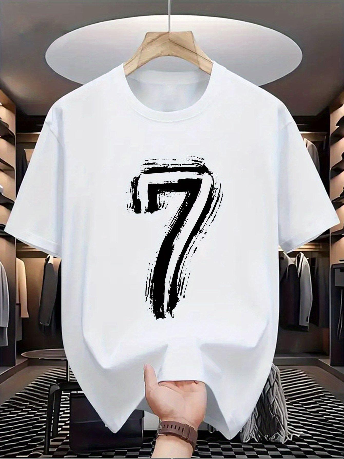 Men's Graphic T-Shirt Expressive Black Brushstroke Artistic Number Seven