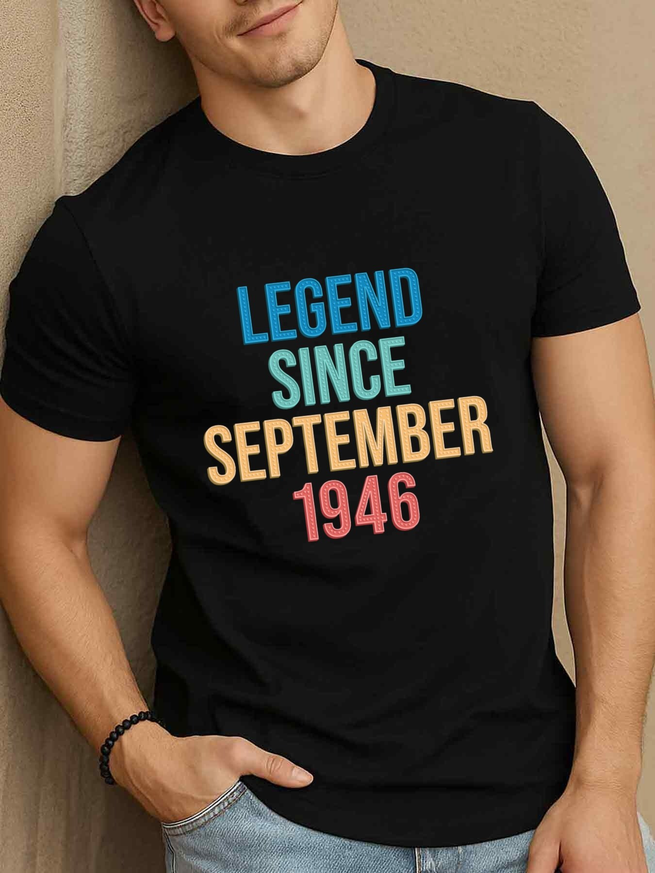 Men's Graphic T-Shirt Legend Since September Stylish Pastel Text On Black Shirt