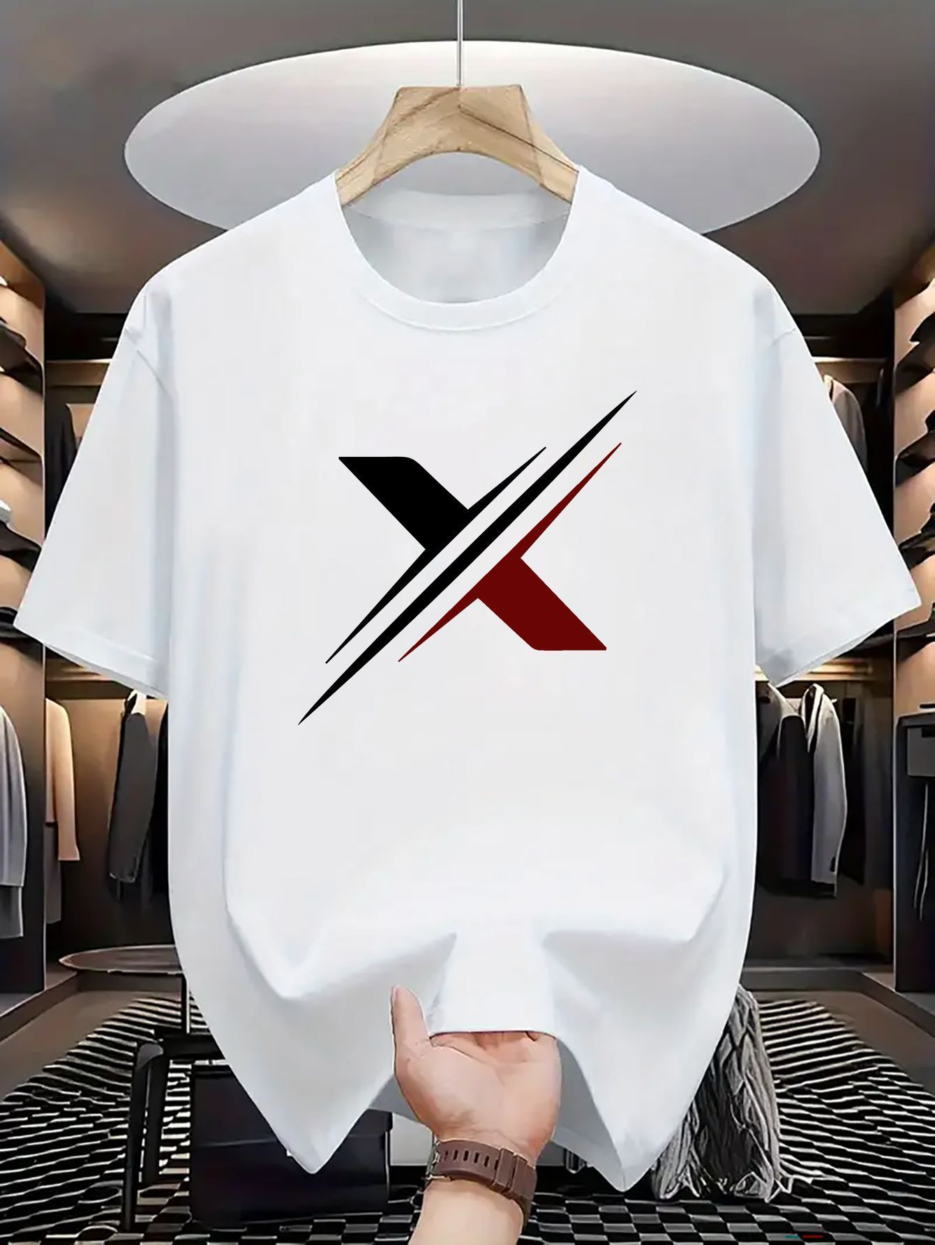Men's Graphic T-Shirt Bold Dynamic Monochrome Angled Lines With Striking Red Accent X