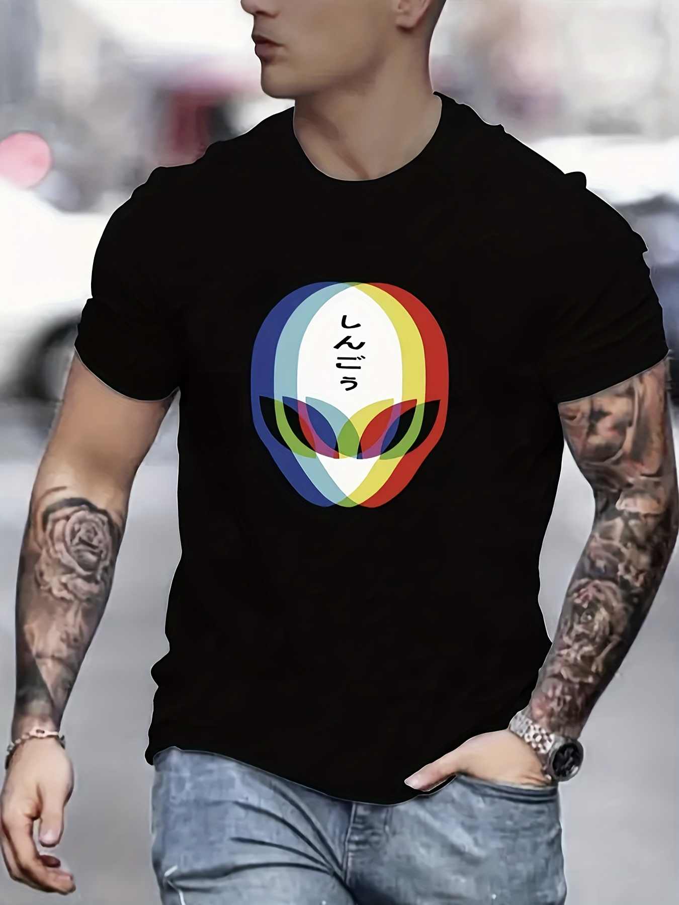 Men's Graphic T-Shirt Colorful Rainbow Transparent Overlapping Face Alien