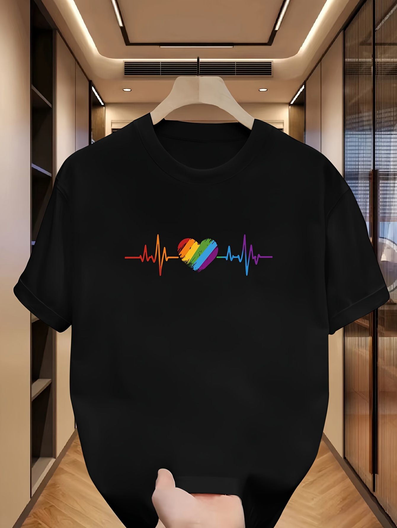 Men's Graphic T-Shirt Colorful Pulse Lines And Vibrant Rainbow Heart Design