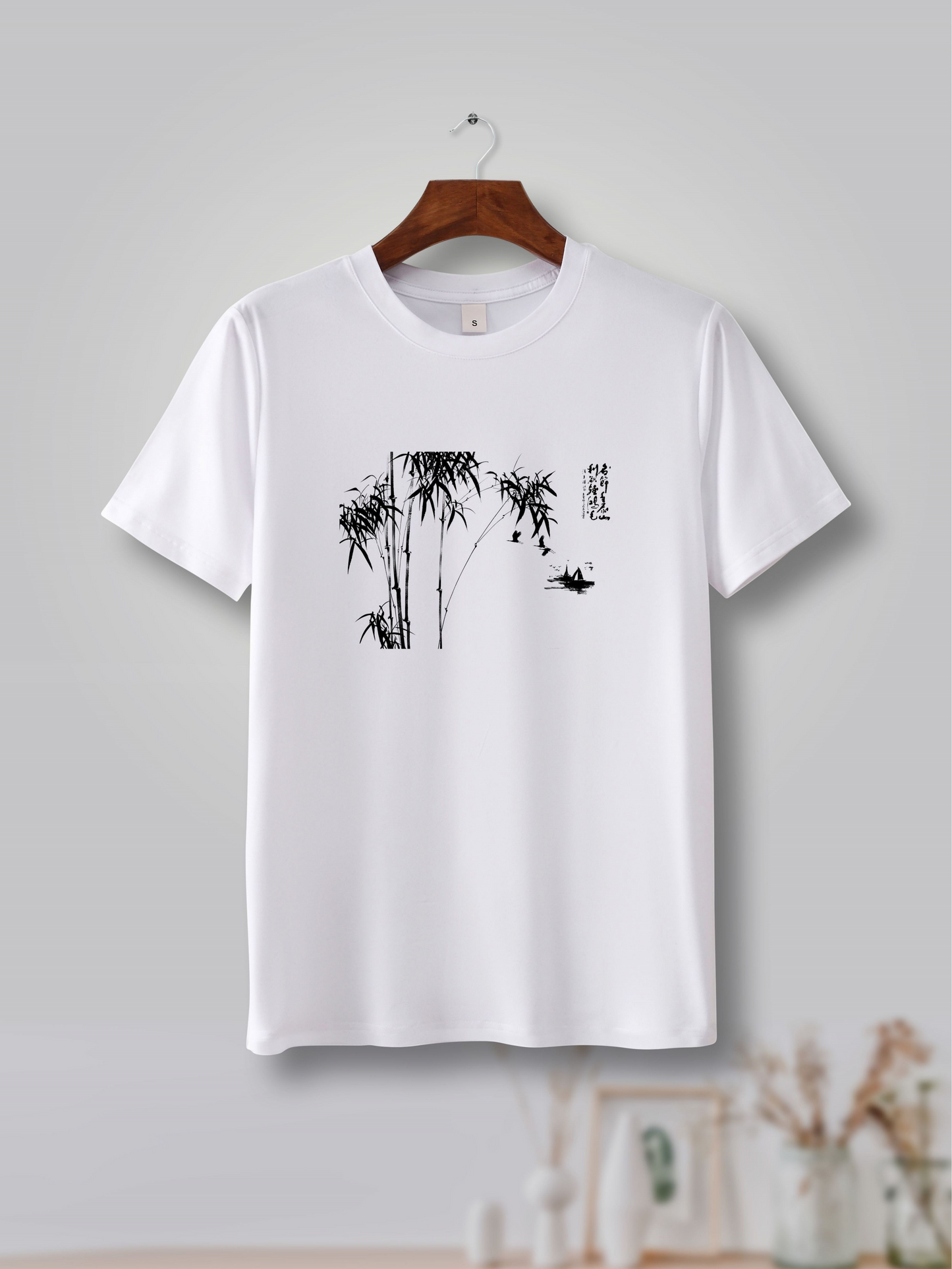 Men's Graphic T-Shirt Minimal Ink Landscape With Graceful Bamboo Beside Calm Water Bamboo