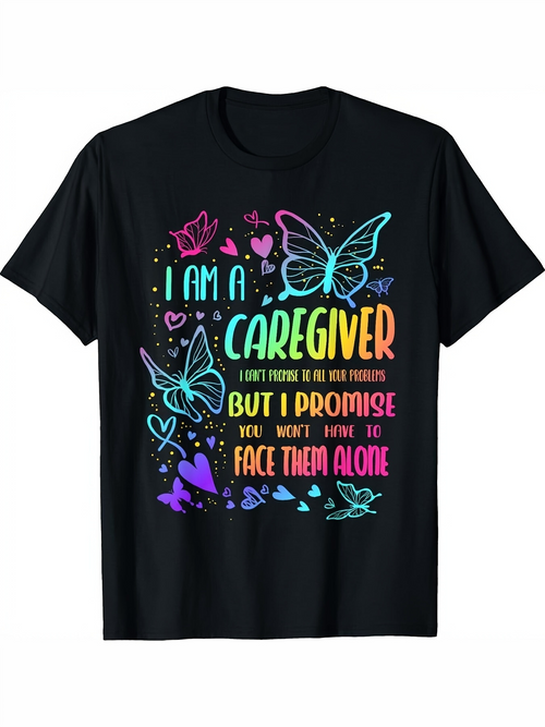Men's Graphic T-Shirt I Am A Caregiver Colorful Butterflies With Bright Hearts And Loving Words T Shirt