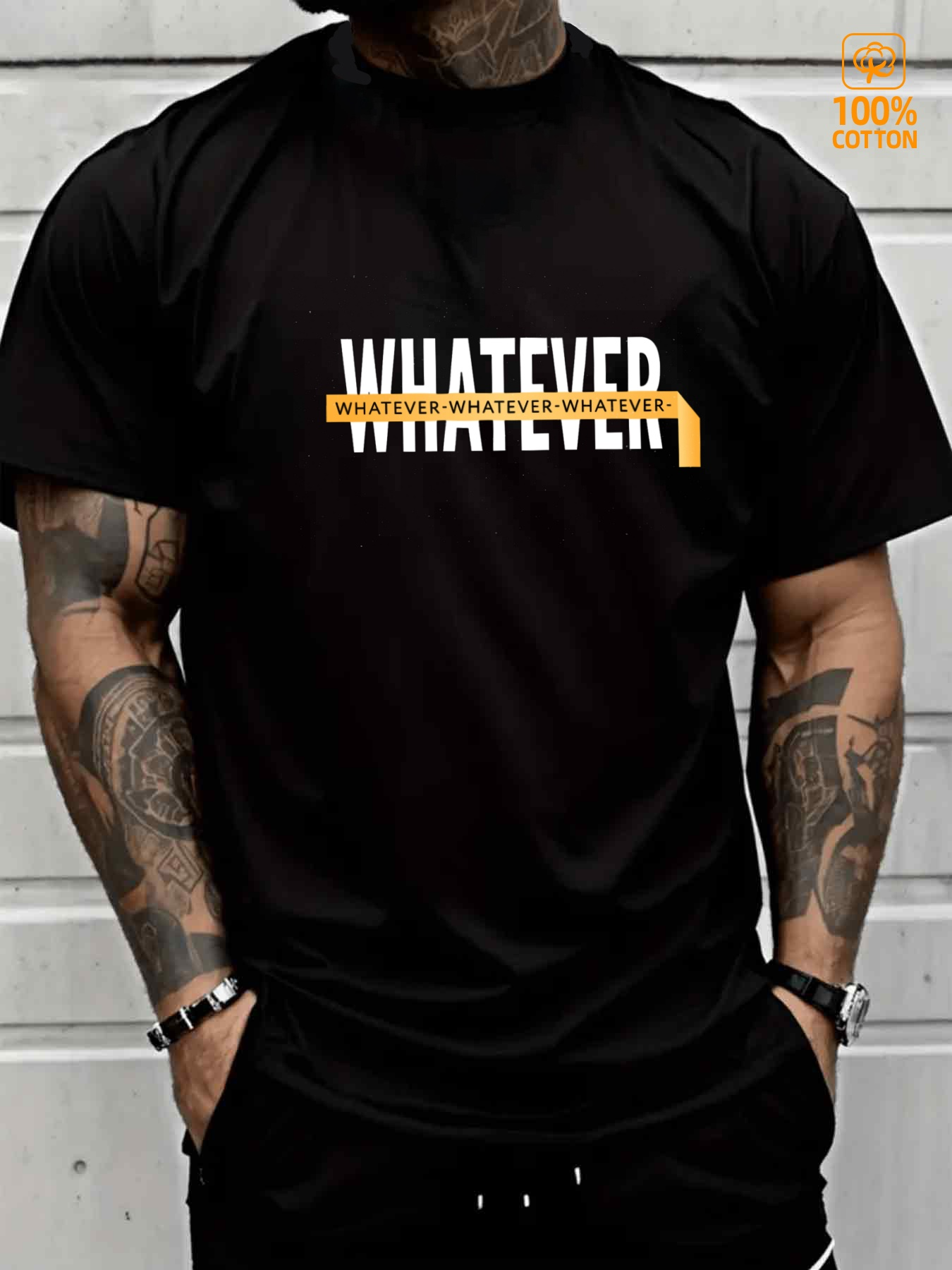 Men's Graphic T-Shirt Whatever Bold Typography With Overlapping Yellow Accent Letters T Shirt