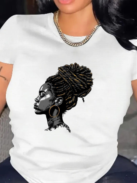 Women's Graphic T-Shirt Braided Hair Woman With Golden Highlighted Earrings And Regal Calm Expression Portrait