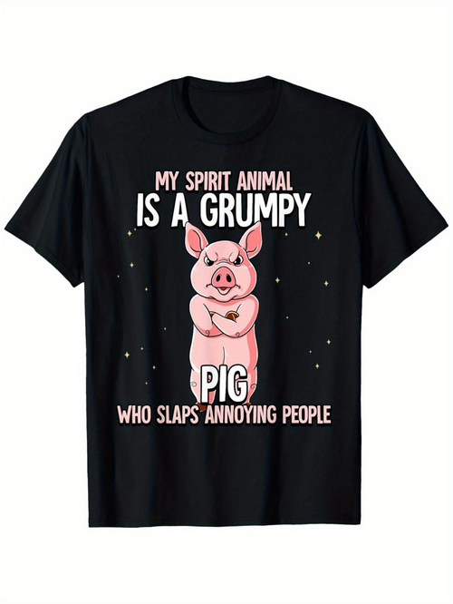 Men's Graphic T-Shirt My Spirit Animal Is A Grumpy Pig With Folded Arms Surrounded By Tiny Stars