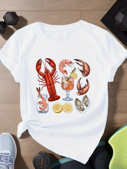 Women's Graphic T-Shirt Juicy Shrimp Served With Fresh Lemon And Seafood Lobster