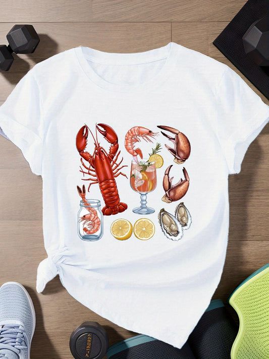 Women's Graphic T-Shirt Juicy Shrimp Served With Fresh Lemon And Seafood Lobster