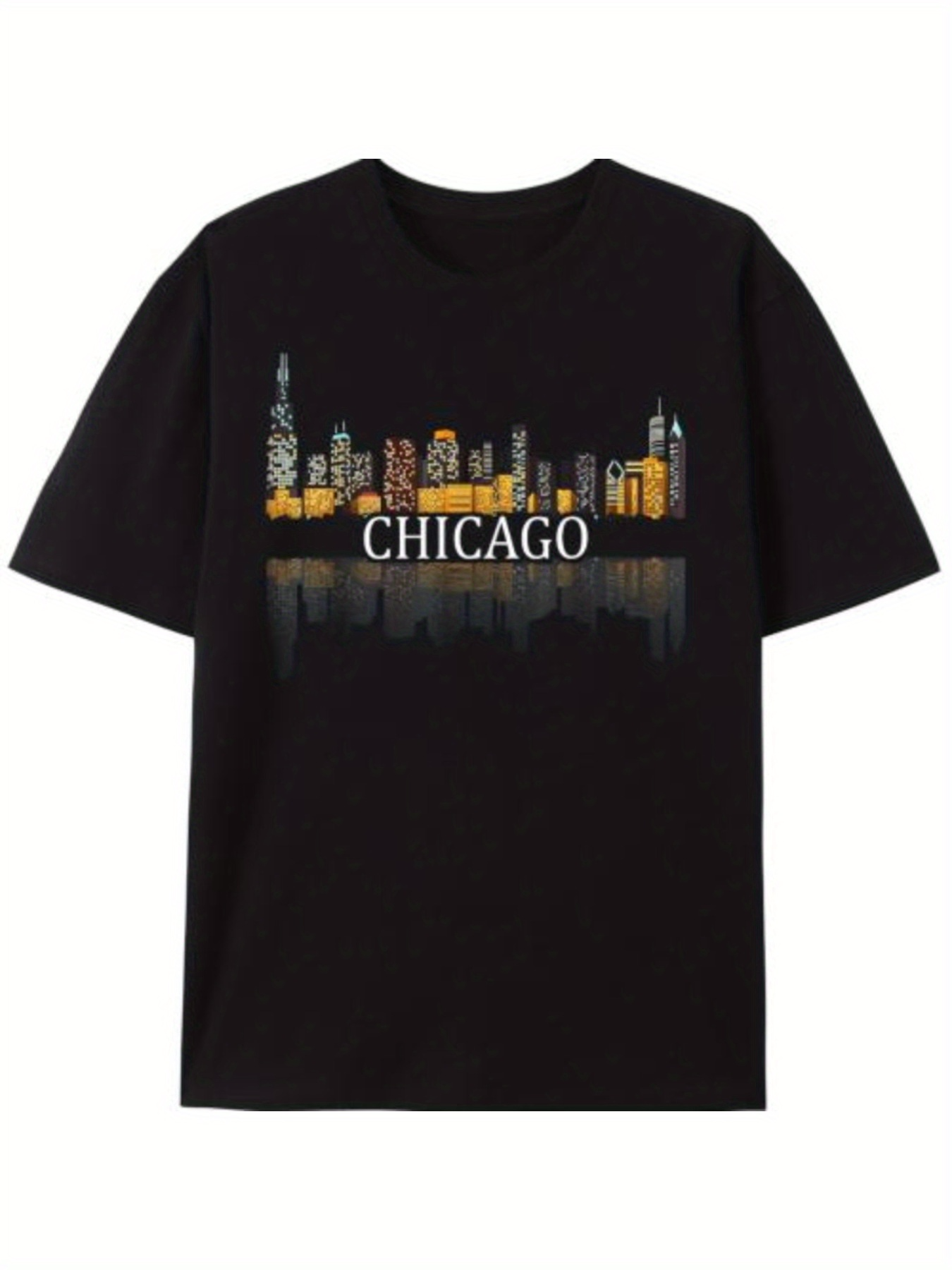Men's Graphic T-Shirt Chicago Illuminated City Skyline Reflected Over Nighttime Waters