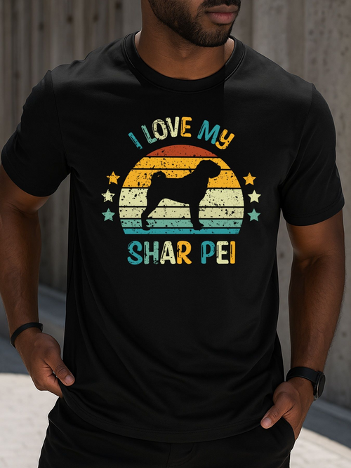 Men's Graphic T-Shirt I Love My Retro Sunset With Stars And Silhouette Of Proud Shar Pei Dog