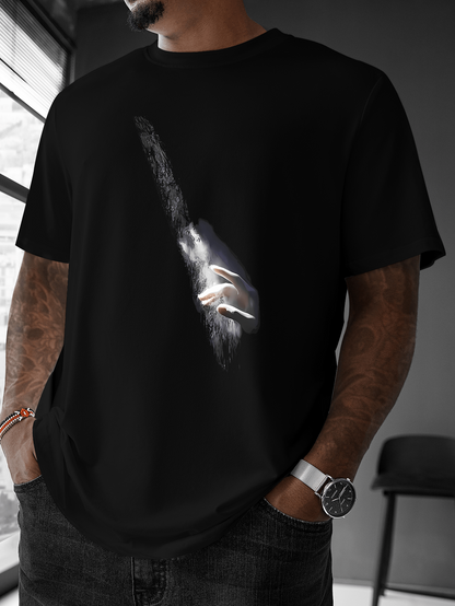 Men's Graphic T-Shirt Glimmering Light Emanating Through Soft Shadows With Reaching Human Hand
