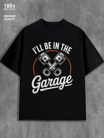 Men's Graphic T-Shirt Ill Be In The Garage With Metallic Pistons Under Curved Orange Line