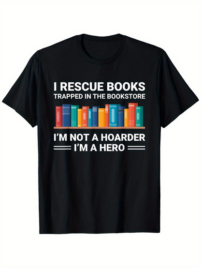 Men's Graphic T-Shirt I Rescue Books Colorful Stacked Books With Rescued Bookstore Hero Print
