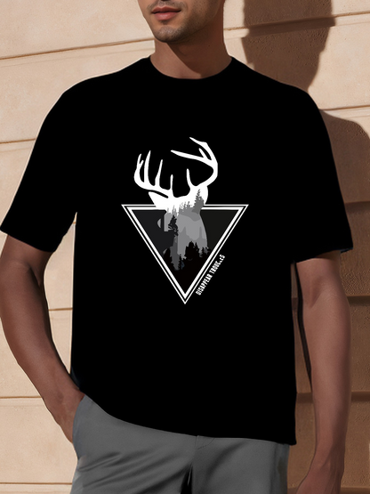 Men's Graphic T-Shirt Majestic Antlers Over Snowy Mountain Within A Sharp Black Triangle Deer