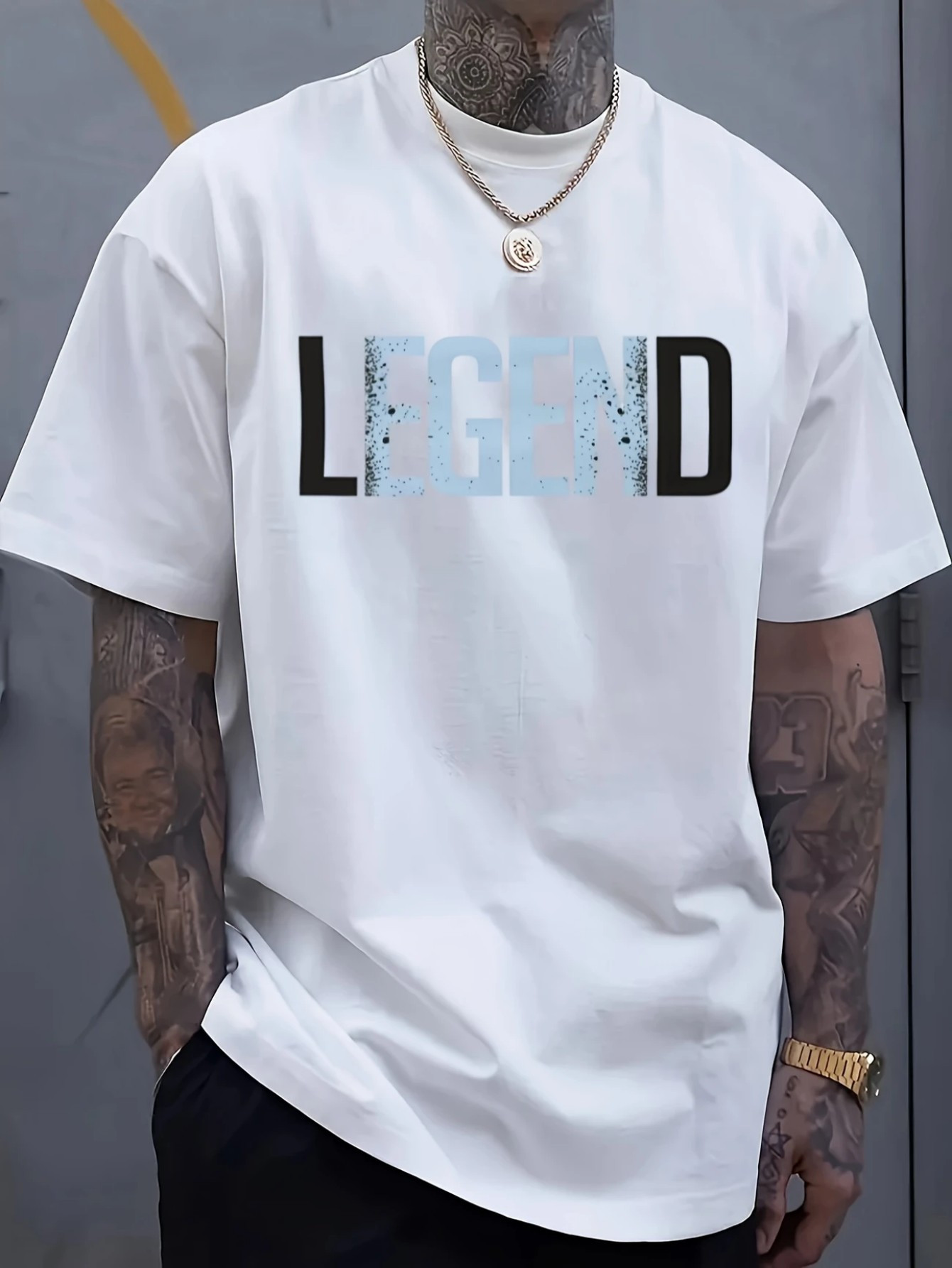 Men's Graphic T-Shirt Legend Modern Block Letters Across Clean White Shirt