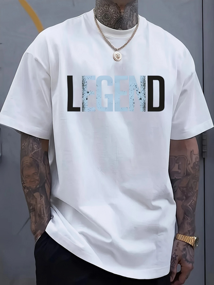 Men's Graphic T-Shirt Legend Modern Block Letters Across Clean White Shirt