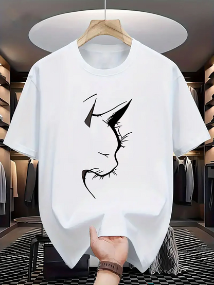 Men's Graphic T-Shirt Minimal Line Art With Closed Eyes And Whiskers Cat