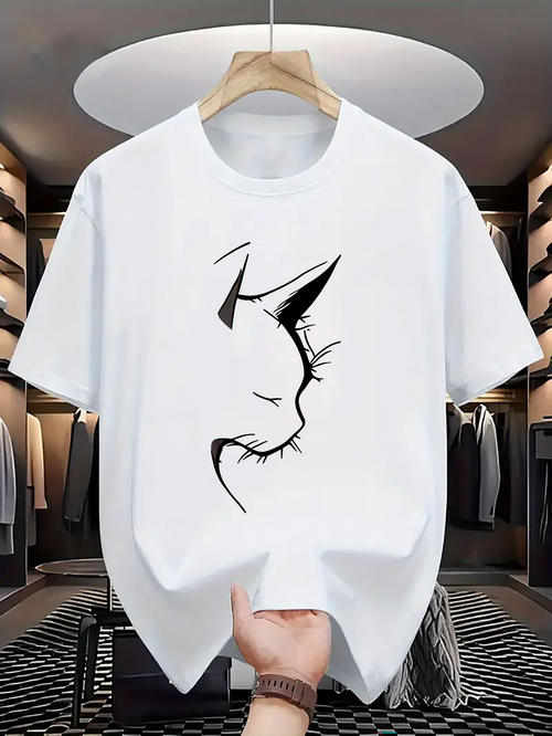 Men's Graphic T-Shirt Minimal Line Art With Closed Eyes And Whiskers Cat