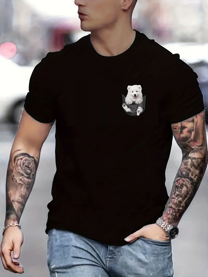Men's Graphic T-Shirt Adorable White Bulldog Peeking Out From Small Pocket Illustration